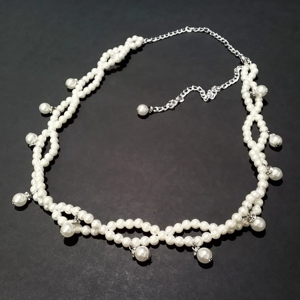 White Faux Pearl Criss Cross Chain Belt Rhinestone Accents Adjustable 40